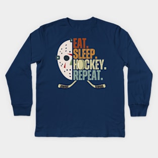 Eat Sleep Hockey Repeat Kids Adult Ice Hockey Retro Vintage Kids Long Sleeve T-Shirt